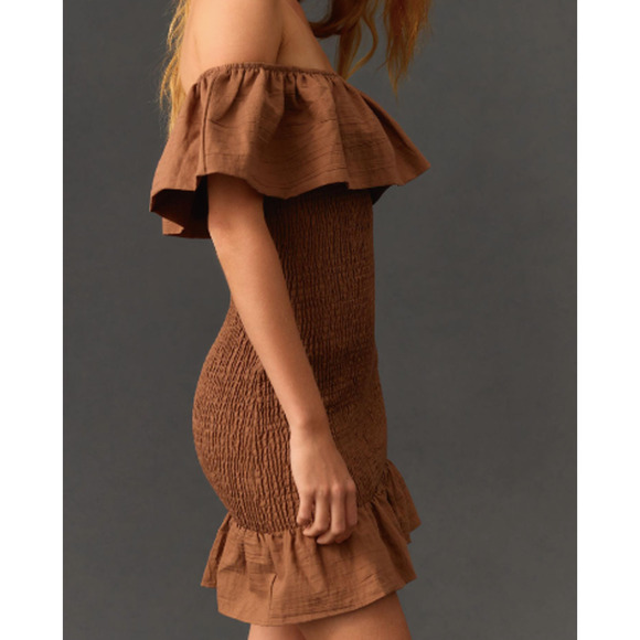 NWT By Anthropologie Off-The-Shoulder Smocked Mini Dress Chocolate Brown Size L - Picture 13 of 13